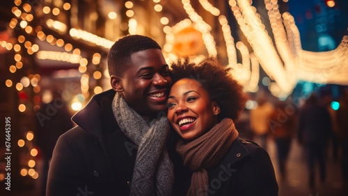 happy couple in front of Christmas lights