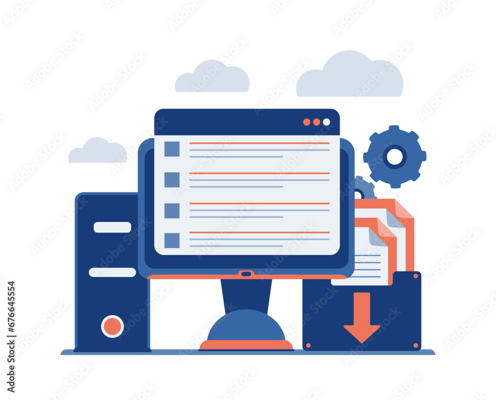 File management administration. Searching files in database. Modern flat vector illustration for web page. File management administration. Searching files in database. Modern flat vector illustration for web page.