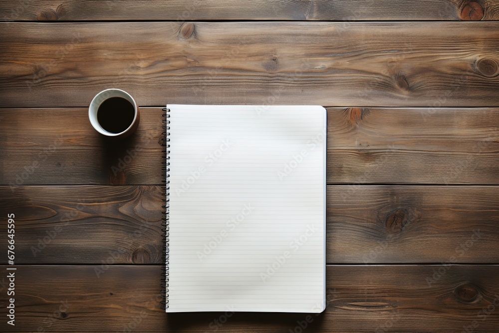 mockup, notebook, coffee cup, wooden desk, generative ai. mockup, notebook, coffee cup, wooden desk, generative ai.