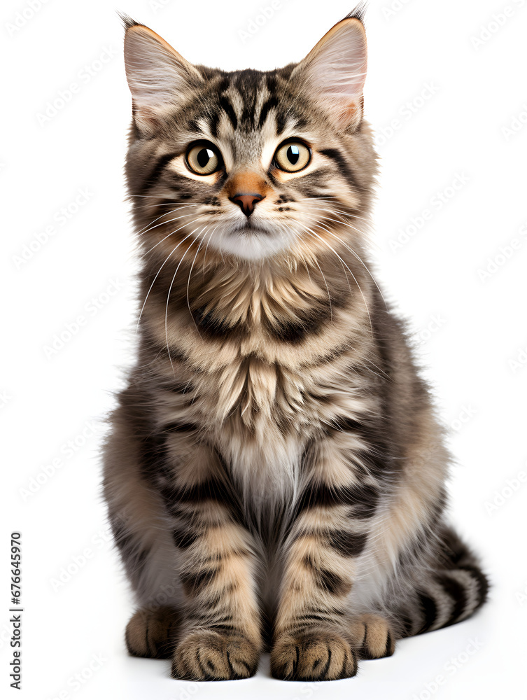 a standing tabby   cat on a white background