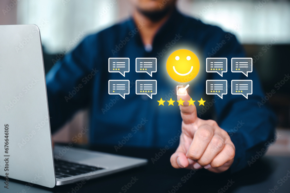 Hand touch smile face for customer services rating feedback satisfaction survey online business review questionnaire on technology data exchanges development for service mind social media respond - obrazy, fototapety, plakaty 