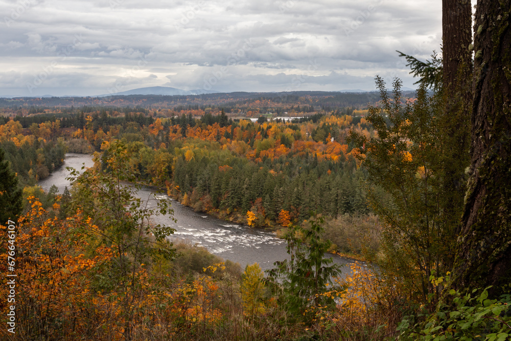 Clackamas River in autumn season, view from above