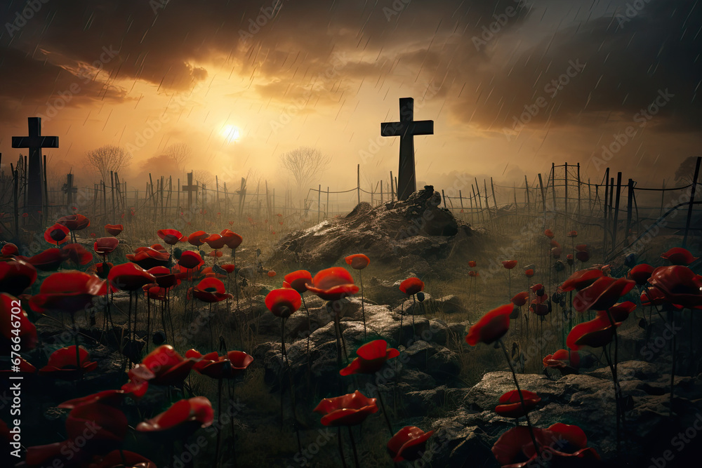 Soldiers graves marked with crosses stand in a poppy field. Remembrance