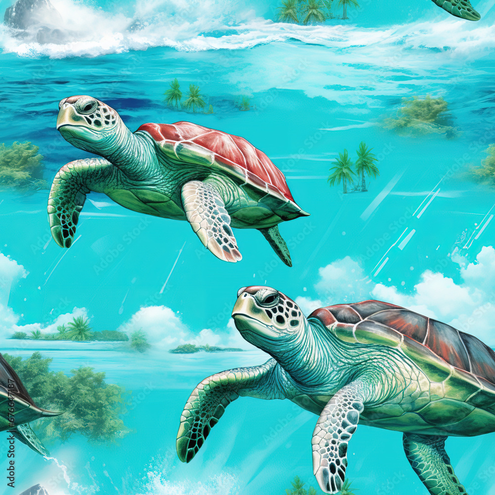 Obraz premium Sea turtles underwater cartoon repeat pattern