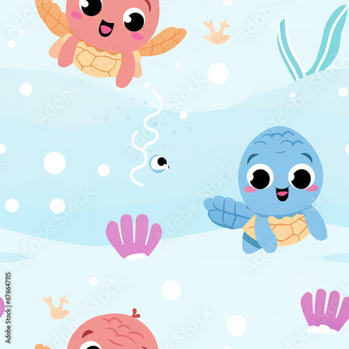 Sea turtles underwater cartoon repeat pattern