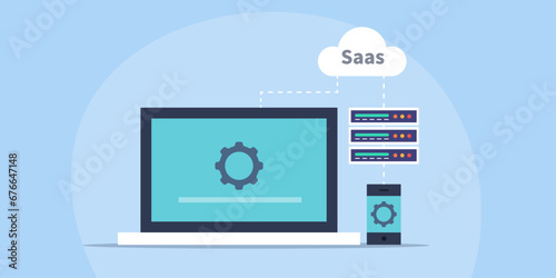Saas - data centre, software update cloud computing technology internet server infrastructure, vector illustration background.