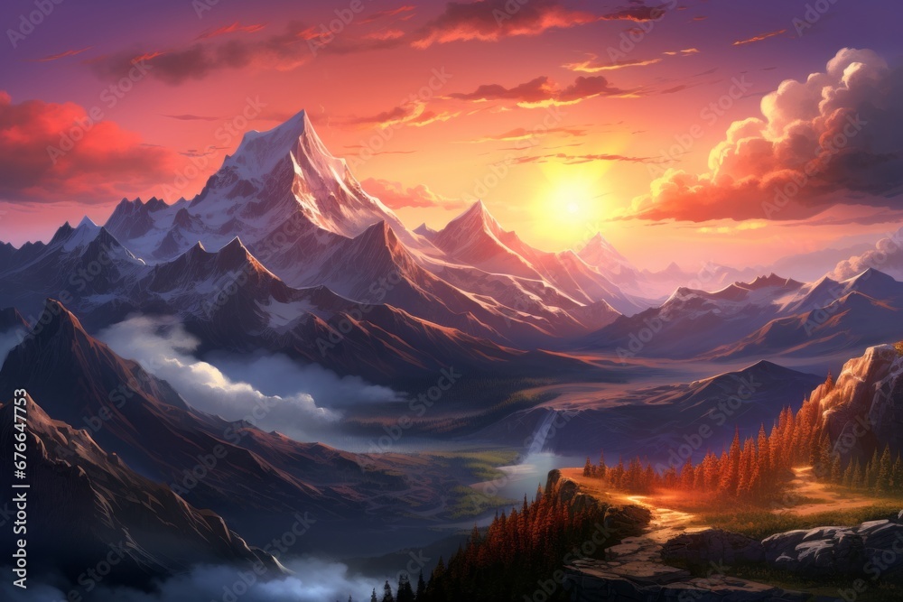Mountain Landscape at dawn Wallpaper Desktop Background Generative Ai