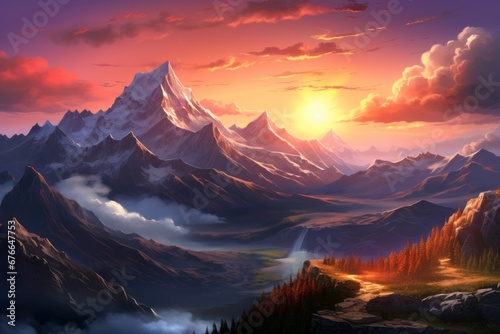 Mountain Landscape at dawn Wallpaper Desktop Background Generative Ai