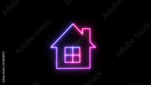 Glowing purple and blue color neon home icon, shiny symbol. homepage neon light icon. House, home building. Glowing House simple icon, sign. Neon home panoramic. Social media communication concept.