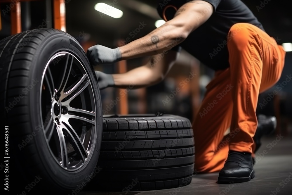 Male service station worker in uniform inspects large wheel of car looking for defects. Wheel repairman Improves transport performance at car station. Repairing vehicle parts in modern workshop Male service station worker in uniform inspects large wheel of car looking for defects. Wheel repairman Improves transport performance at car station. Repairing vehicle parts in modern workshop