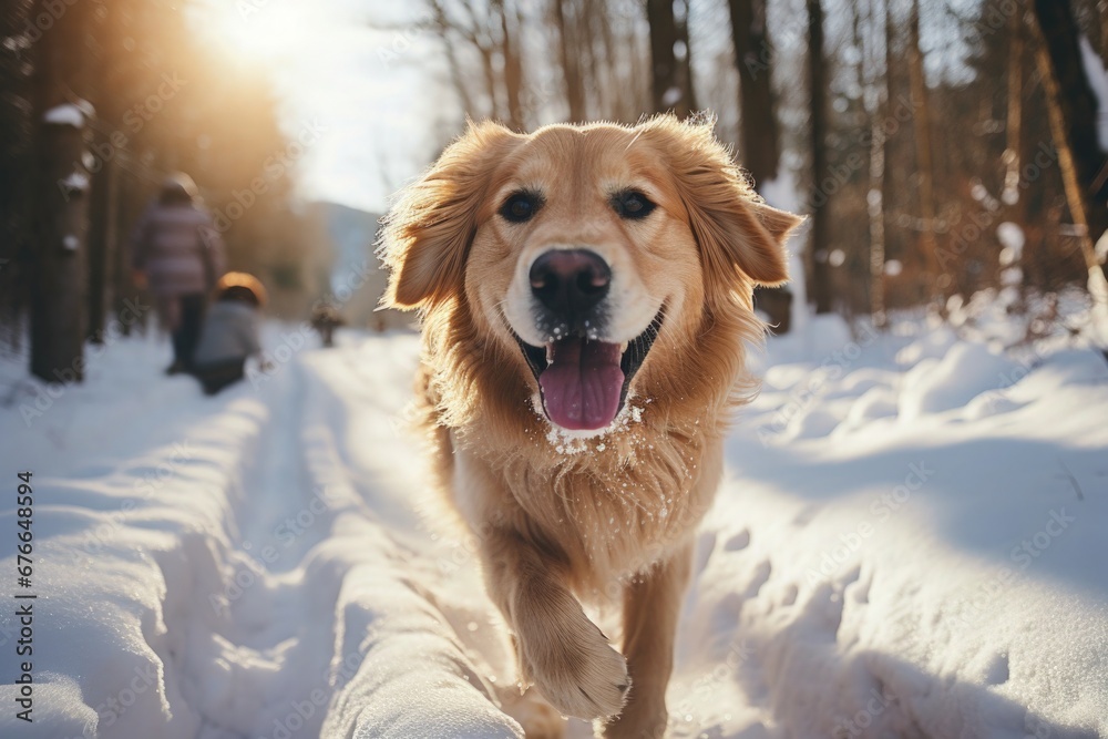 Golden Retriever and his Human Family Walking on Snow Outdoor depicting Winter Christmas Holiday Festive Warmth Love Happy Pet Animal Photography Wild Nature Forest Trees Woods Cold Weather