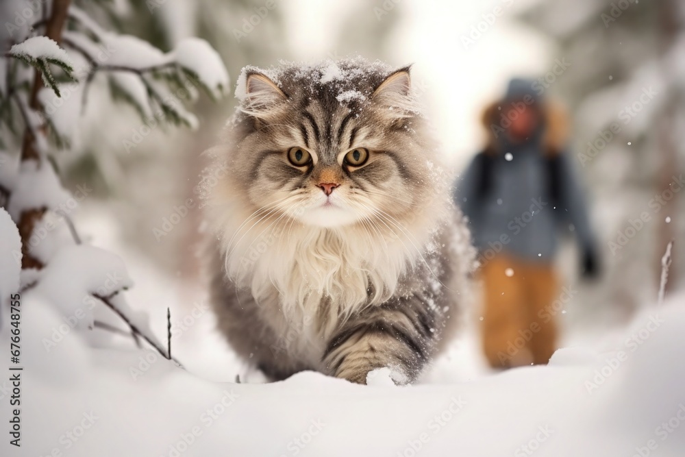 Norwegian Cat and his Human Family Walking on Snow Outdoor depicting Winter Christmas Holiday Festive Warmth Love Happy Pet Animal Photography Wild Nature Forest Trees Woods Cold Weather