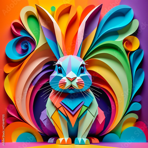 Rabbit shaped illustration made of paper on the abstract background.
