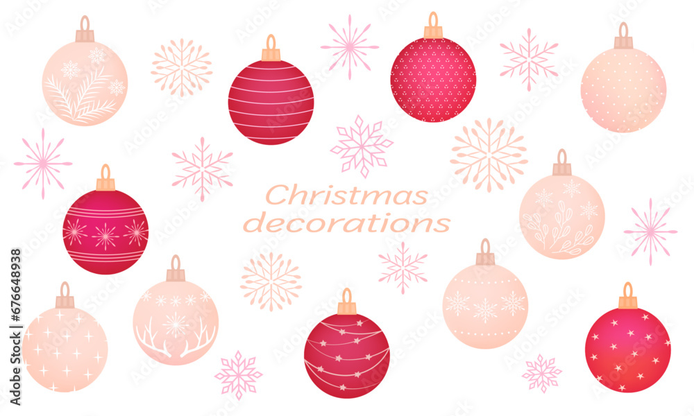 Set of Christmas balls and snowflakes for design card or banner, isolated on white background, New Year decoration elements, vector illustration. Set of Christmas balls and snowflakes for design card or banner, isolated on white background, New Year decoration elements, vector illustration.