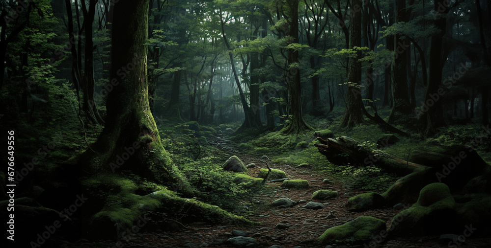 very luxurious hyper realistic calming and dark skin, forest in the morning. Generative Ai content wallpaper