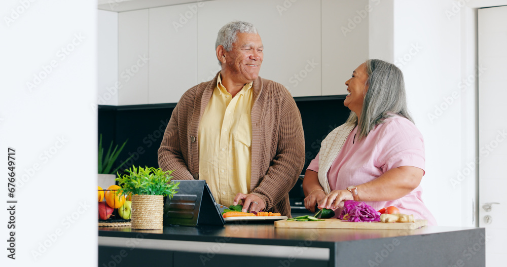 Senior, couple and cooking in kitchen with smile for dinner, lunch or vegetables with support, help and love. Elderly, man and woman with happiness, peace and nutrition for bonding or relationship
