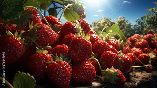Fresh natural sweet red strawberries on branches in the garden bed. Concept of natural healthy eco food and farming