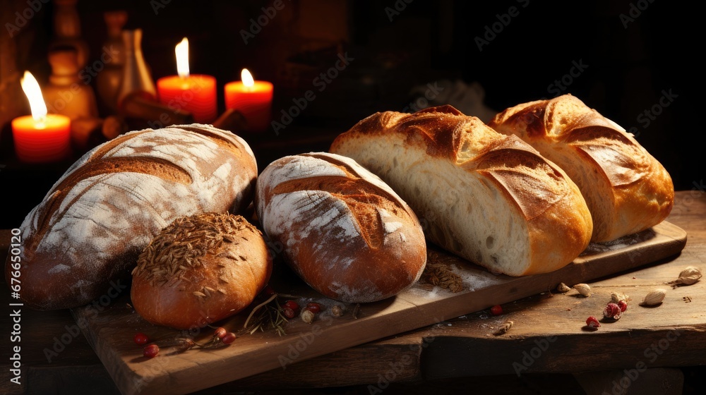 Delicious hot fresh beautiful pastries bread loaf bun on the table in a bakery or cafe