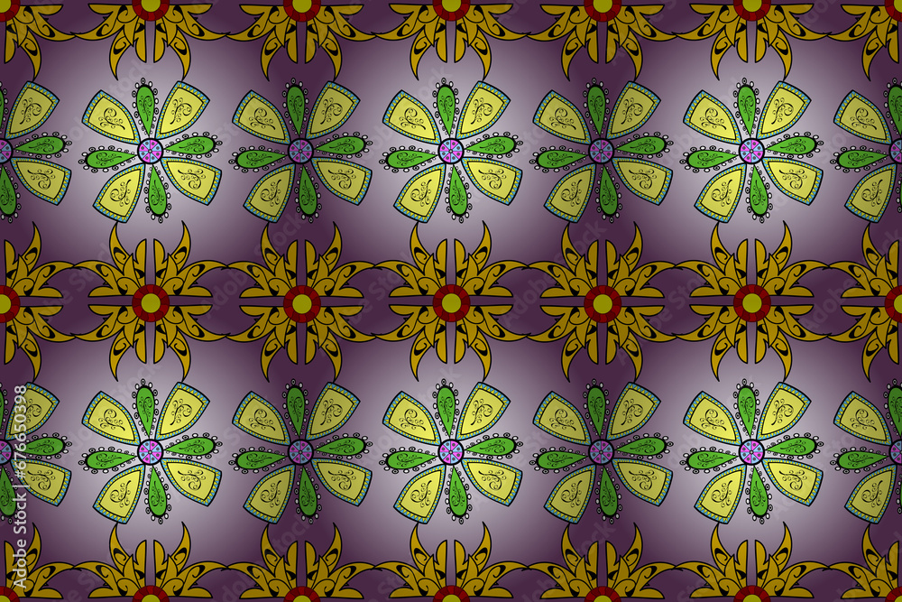 Raster traditional folk flowers bouquet on neutral, purple and yellow colors for textile design. Embroidery colorful floral seamless pattern with poppies and lilies of the valley.