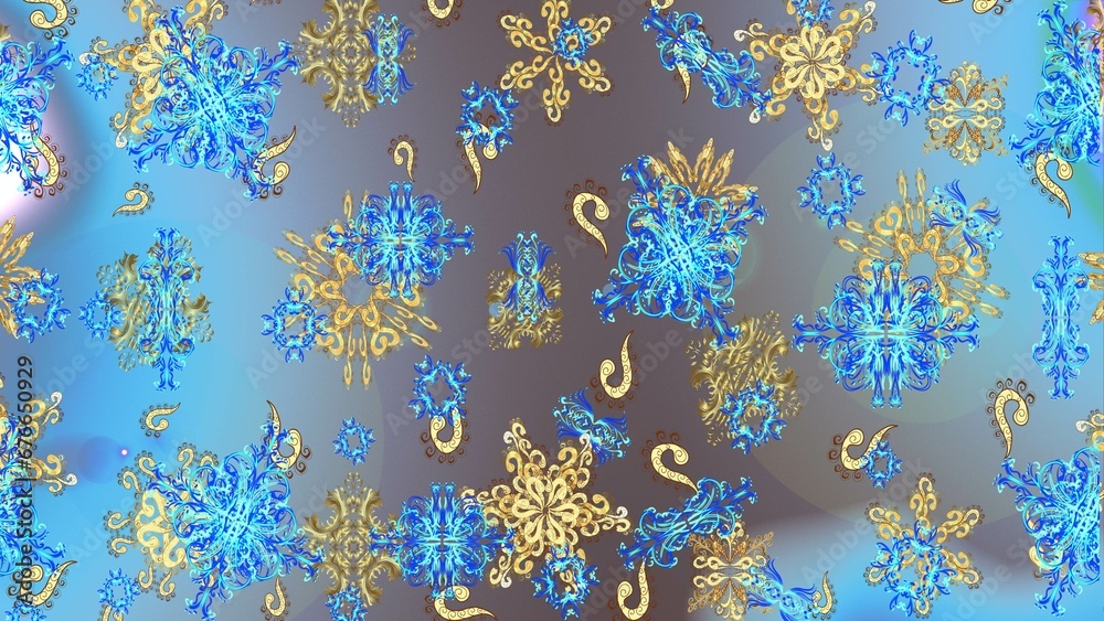 Different snowflake collection raster, winter elements on a golden colors. Raster christmas abstract colorful background with cute snowflake.
