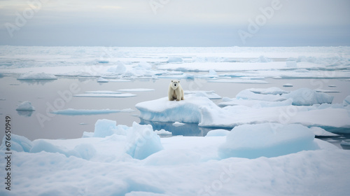 One lonely polar bear at North Pole Arctic sea standing on small iceberg been melt to ocean cause by global warming due to human activities fossil fuel burning increases greenhouse gas.