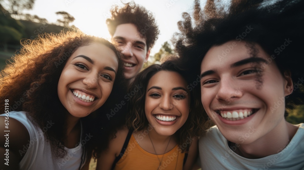 a group of young multiracial friends smile as they take a selfie enjoying their friendship and positive attitude towards a more inclusive life. a group of young multiracial friends smile as they take a selfie enjoying their friendship and positive attitude towards a more inclusive life.