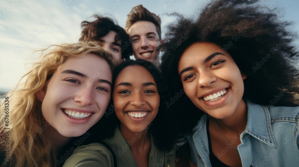a group of young multiracial friends smile as they take a selfie enjoying their friendship and positive attitude towards a more inclusive life. a group of young multiracial friends smile as they take a selfie enjoying their friendship and positive attitude towards a more inclusive life.