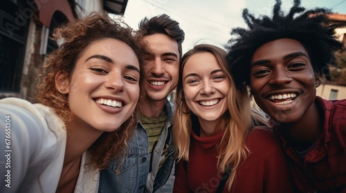 a group of young multiracial friends smile as they take a selfie enjoying their friendship and positive attitude towards a more inclusive life. 