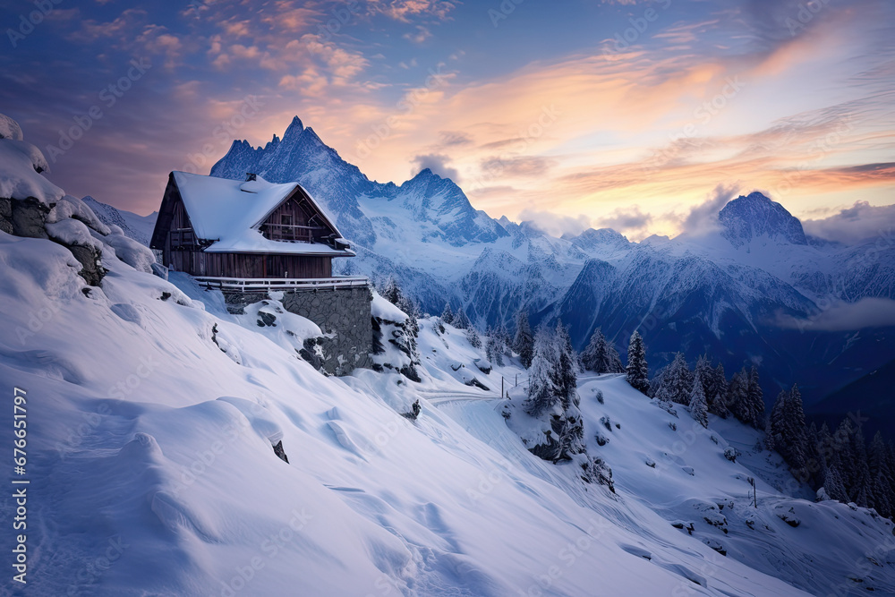 An isolated house on the snowy mountain during the sunset in winter