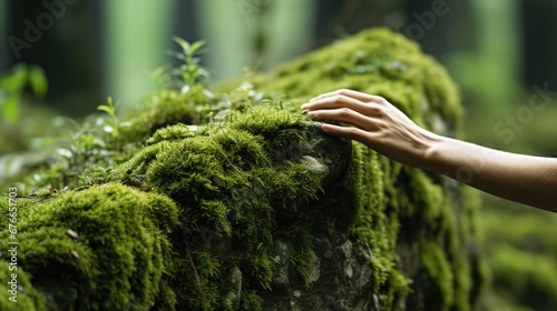 Hand of woman tuch on the green moss that growing on the wall