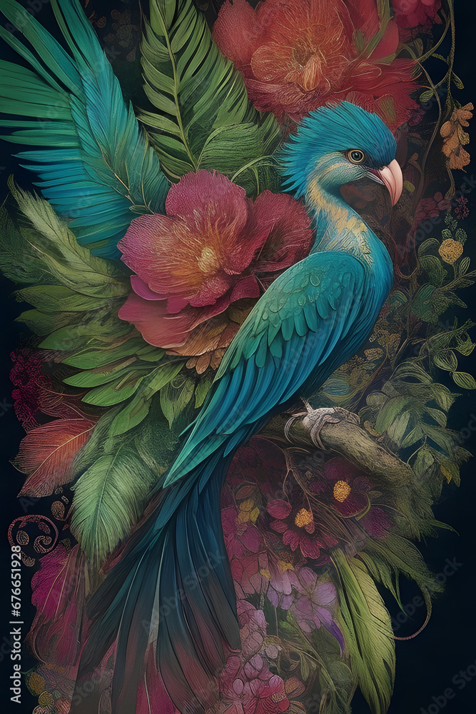 Fototapeta premium resplendent quetzal silk tapestry embroidery, bird art digital