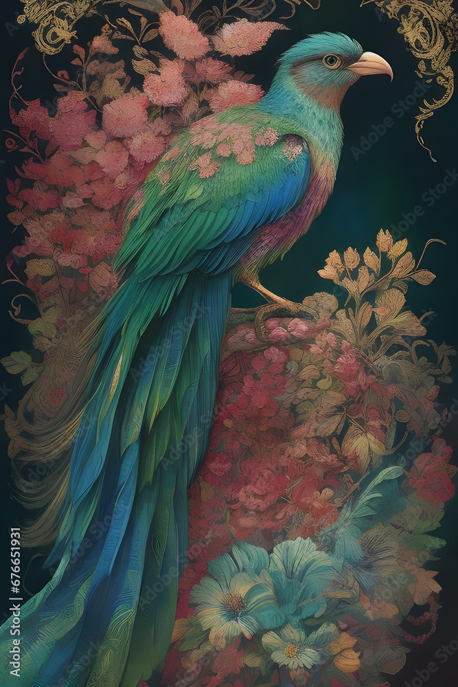 Obraz premium resplendent quetzal silk tapestry embroidery, bird art digital