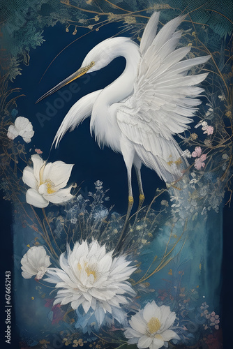 snowy egret silk tapestry embroidery  bird art digital