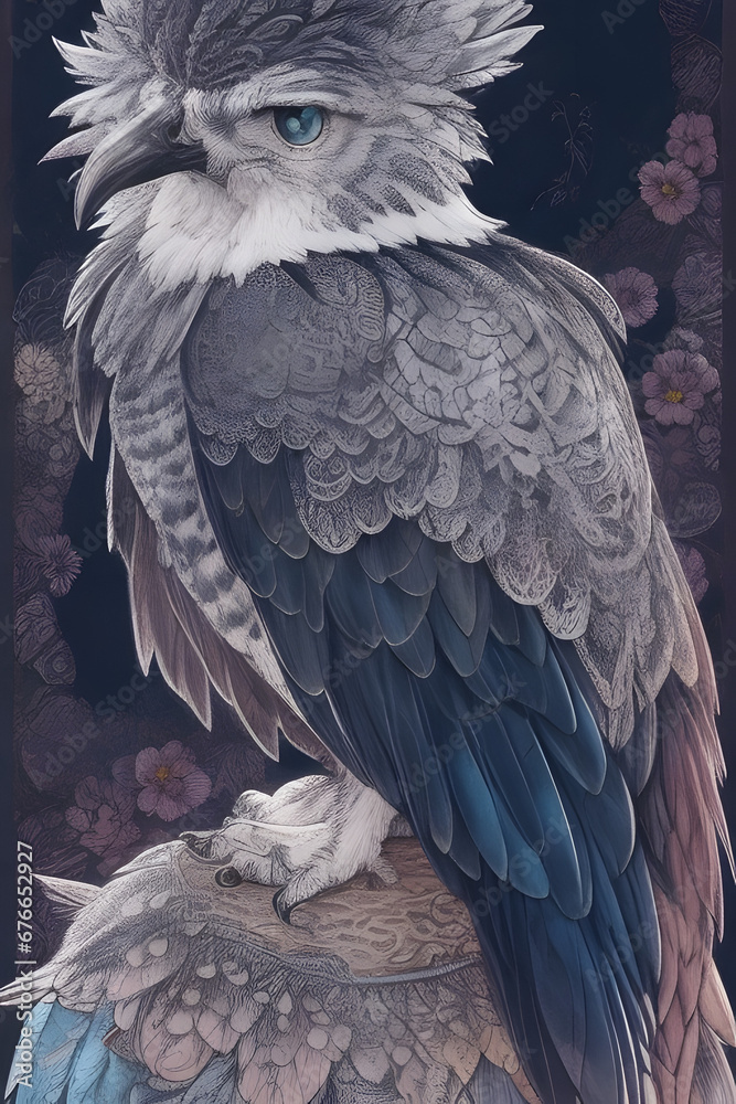 harpy eagle silk tapestry embroidery, bird art digital