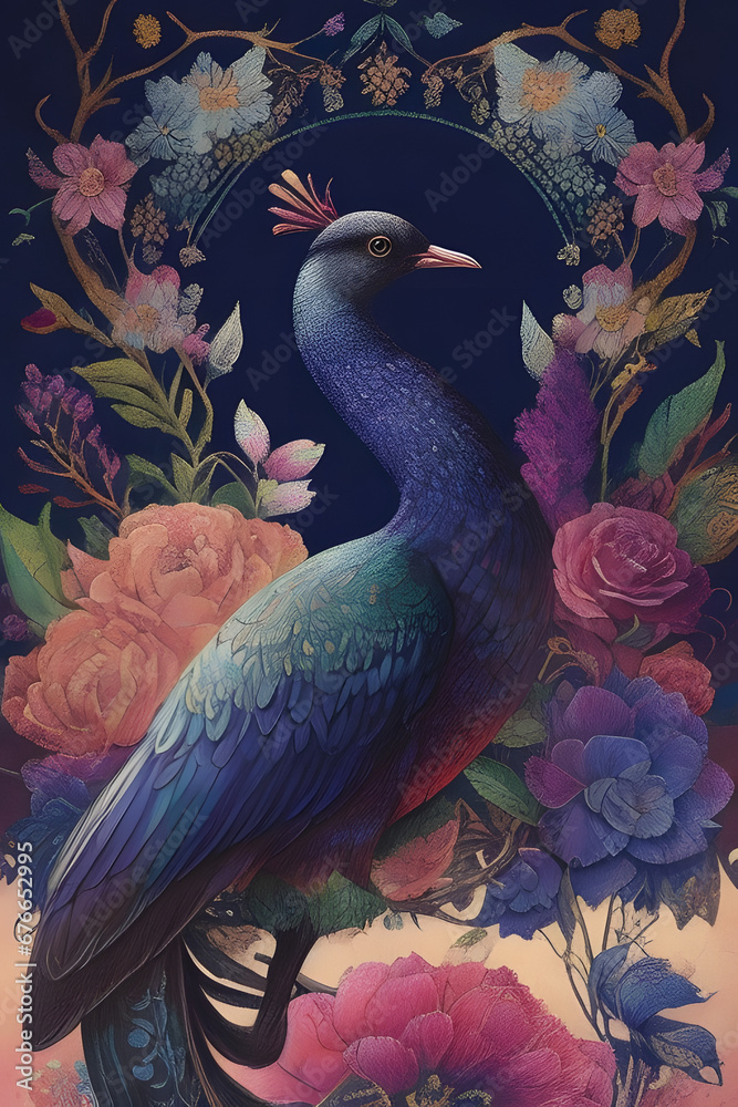 Obraz premium Himalayan mona silk tapestry embroidery, bird art digital