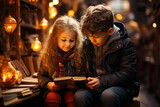 Kids reading book at a blurred library background