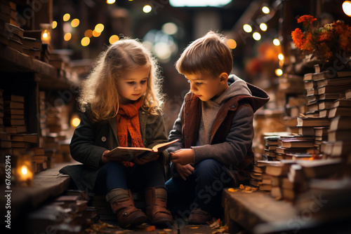 Kids reading book at a blurred library background © Rekalawa