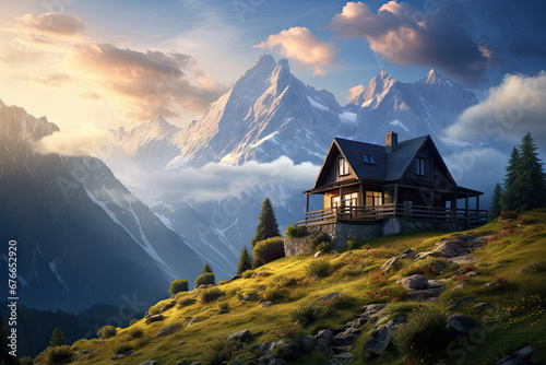 A landscape view of an isolated house on the mountain 