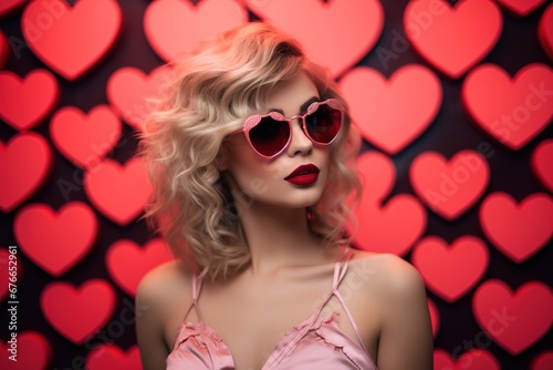 Valentine's day. Portrait of beautiful young woman in sunglasses on red background with hearts.