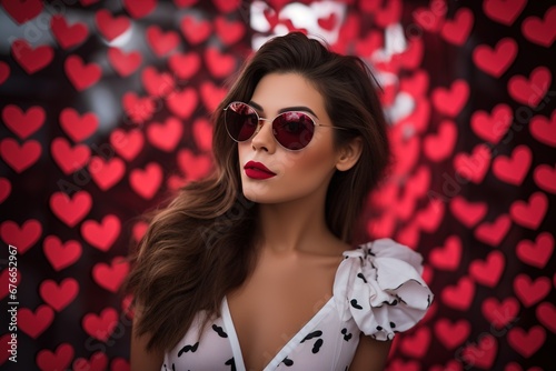 Valentine s day. Portrait of beautiful young woman in sunglasses on red background with hearts.