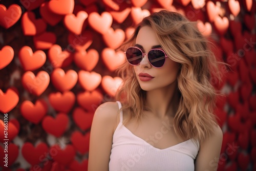 Valentine's day. Portrait of beautiful young woman in sunglasses on red background with hearts.
