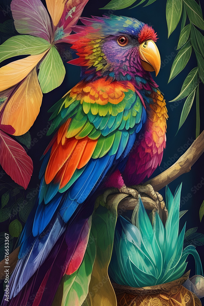 Obraz premium rainbow lorikeet silk tapestry embroidery, bird art digital