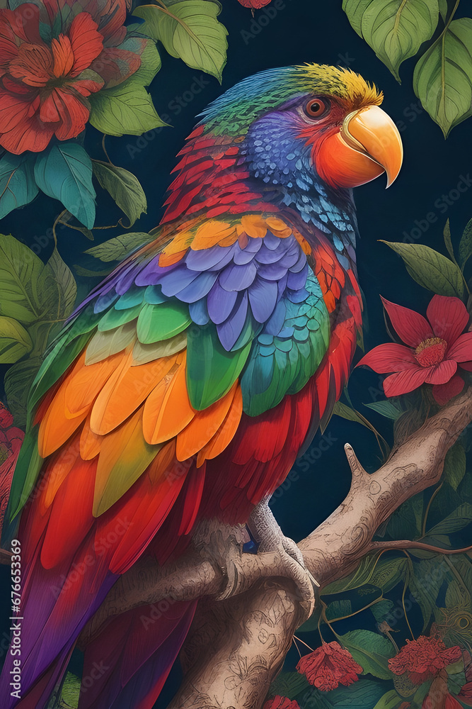 Fototapeta premium rainbow lorikeet silk tapestry embroidery, bird art digital