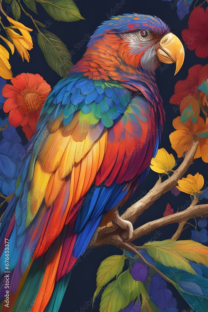 Obraz premium rainbow lorikeet silk tapestry embroidery, bird art digital