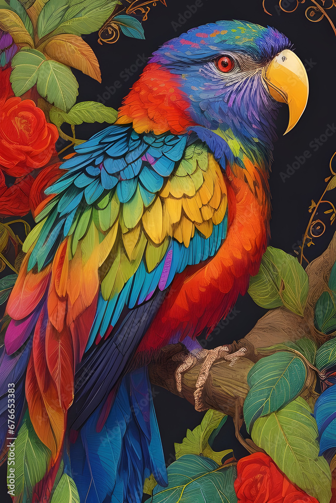 Obraz premium rainbow lorikeet silk tapestry embroidery, bird art digital