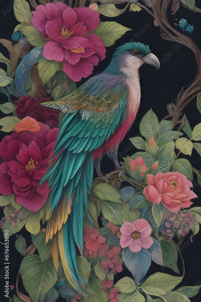 Fototapeta premium resplendent quetzal silk tapestry embroidery, bird art digital