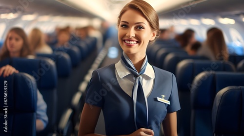 Smiling flight attendant standing in the aisle of an airplane.  Passengers are visible in their seats  - generative AI photo