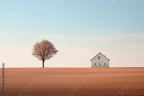 A landscape view of a small house and a tree on a field in a minimalistic design style
