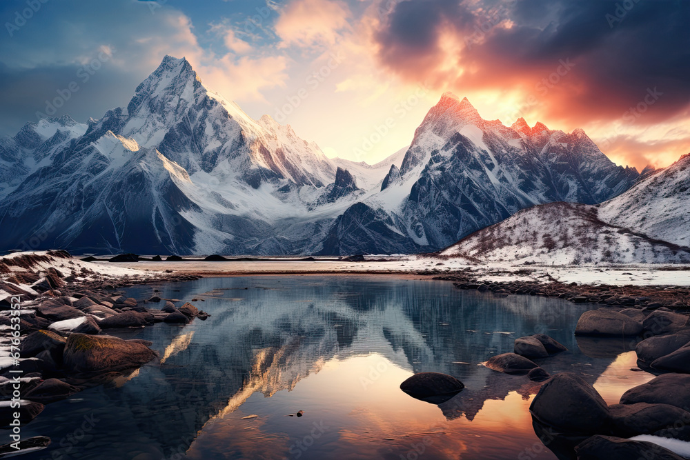 Beautiful landscape view of snowy mountains with reflection during the autumn season for wallpaper, background and zoom meeting background