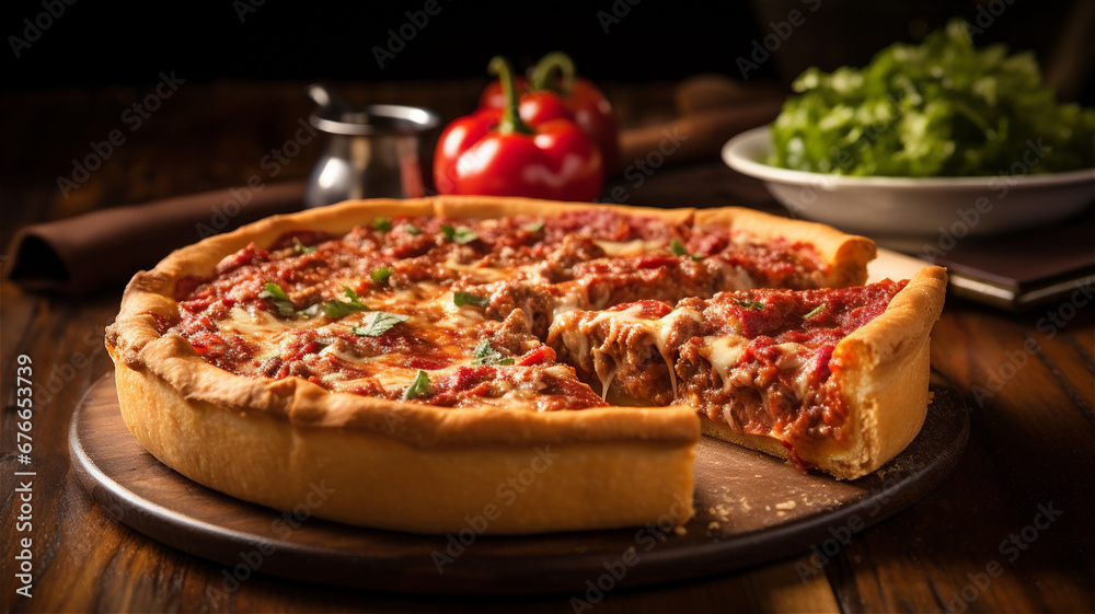 A Chicago style deep dish pizza on a restaurant or kitchen table. 
